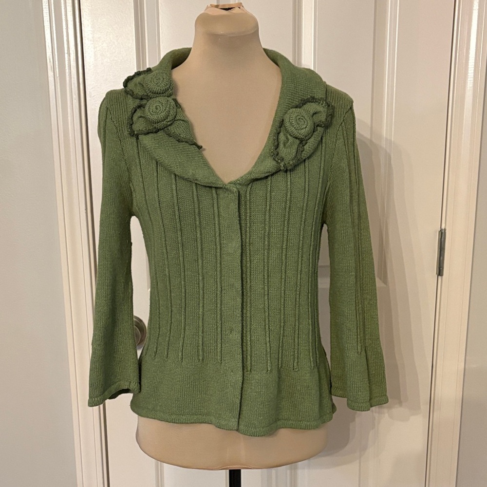 CAbi Green Cardigan with Floral Accents